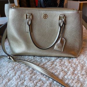 Tory Burch Metallic Gold Saffiano Leather Tote